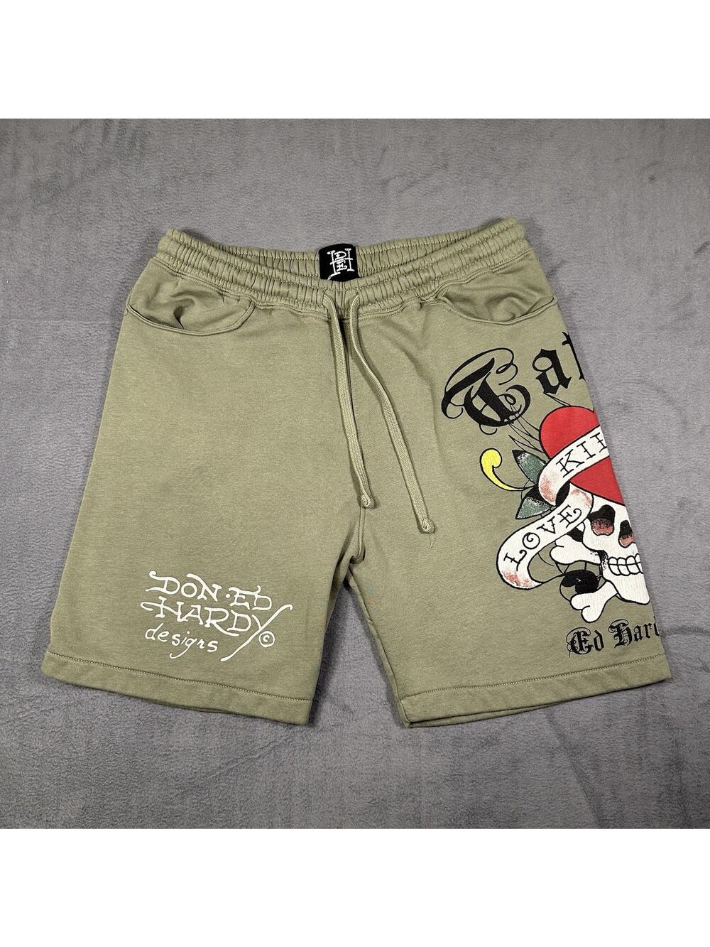 Ed Hardy Shorts Mens M Green Skull Tattoo Designer Casual Pull On Bottoms
